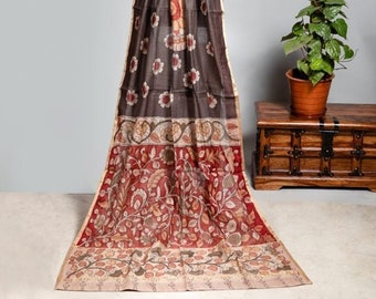 Kalamkari Chanderi Dupatta | Kalamkari Muslin Silk Dupatta | Kalamkari Muslin Chanderi Dupatta/Kalamkari Edit/Hand Painted Kalamkari Dupatta