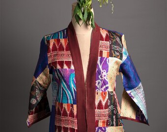 Kantha Reversible multipurpose Silk Boho Jacket/Haori Vintage/Kantha Coat/Indian Sewing design Haori/Bridesmaid Gift/Kimono Silk/Kimono Robe