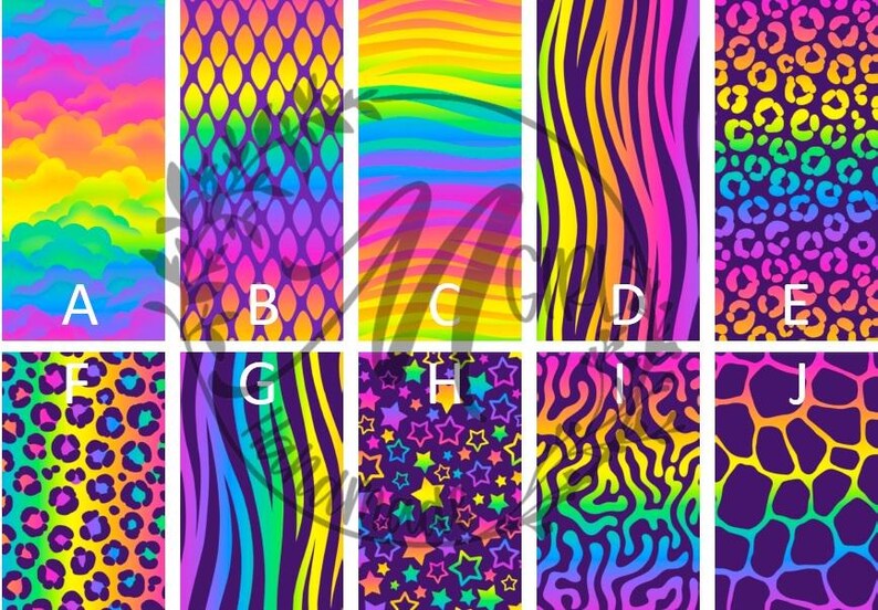 May include: A collection of ten vibrant, colorful patterns. The designs include cloud-like formations, geometric shapes, and animal prints, all in a rainbow of hues. Each pattern is displayed in a vertical rectangular format.