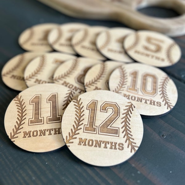 Personalized Wooden Baseball Baby Milestone Disc Set | Custom Name Disc | Monthly Markers  | Baby Shower Gift |