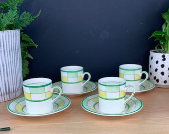 Set of four vintage expresso coffee cups and saucers, 1930s art deco Green and yellow hand painted, solian ware soho pottery Coffee lovers