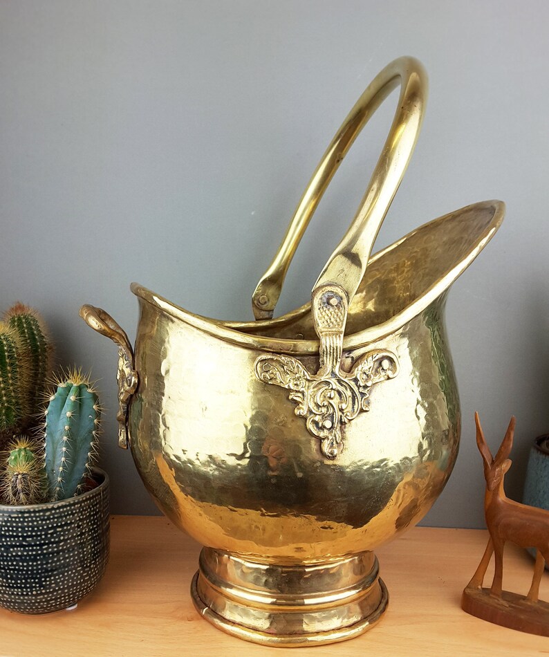 brass planter vintage brass decor. fireplace decor Vintage brass coal scuttle
