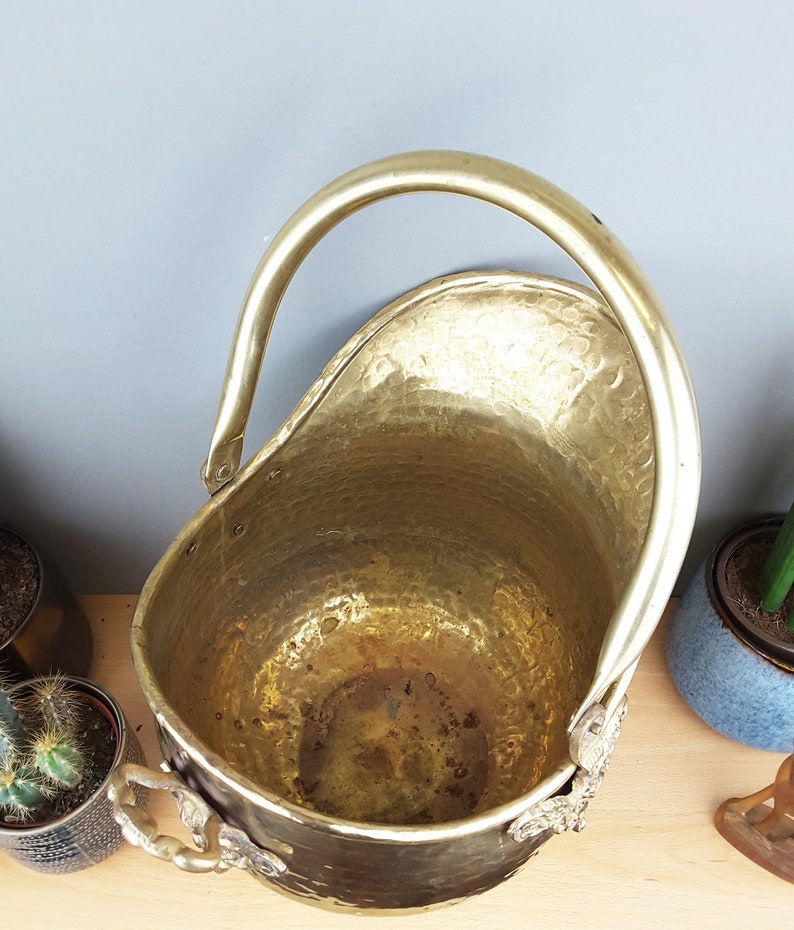 brass planter vintage brass decor. fireplace decor Vintage brass coal scuttle