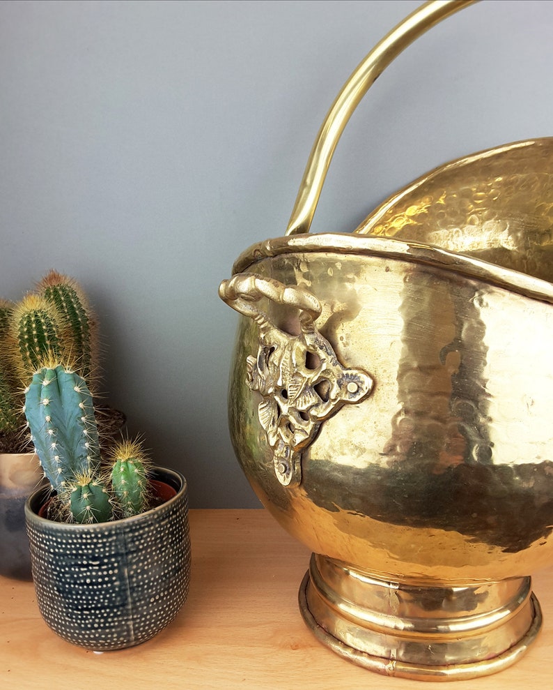 brass planter vintage brass decor. fireplace decor Vintage brass coal scuttle