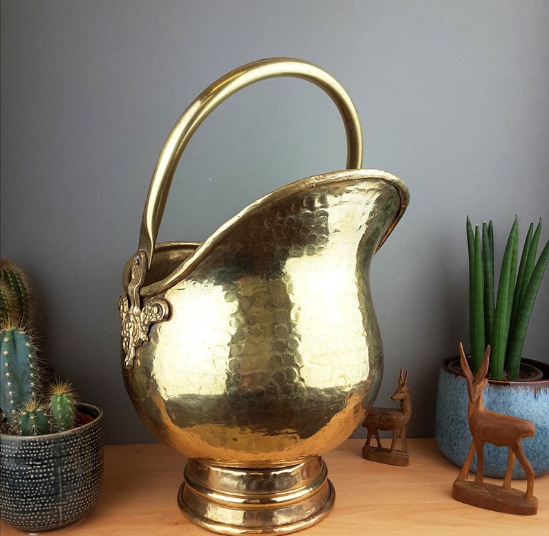 brass planter vintage brass decor. fireplace decor Vintage brass coal scuttle