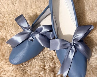 Lady’s shoes for late 18th Century and early 19th Century Regency Leather shoes - Steel Blue