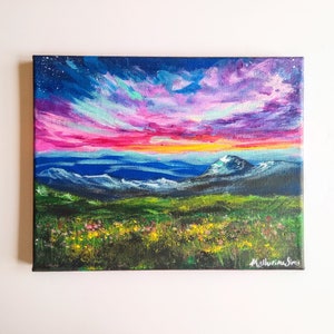 Sunset Starlit Mountain Meadow Original Painting//8 by 10 Inch Canvas Art//Impressionist Style Landscape Art//Home Decor Artwork