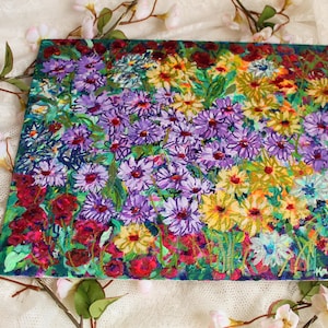 Sunny Daisy Garden Original Painting//11 by 14 Inch Canvas Board//Impressionist Flower Painting Artwork//Handmade Floral Art Wall Hanging