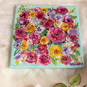 Pintura original de ramo de rosas impresionista//pintura floral acrílica//decoración del hogar de 8 por 8 pulgadas