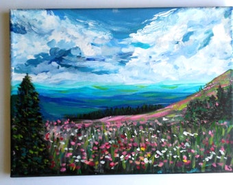 Majestic Mountain Range//Mountain Flower Meadow Painting//Original Artwork//Nature Landscape Painting//Impressionist Style Home Art//9 by 12