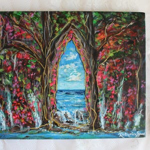 Enchanted Ocean Forest Waterfall Painting//Original Artwork//8 by 10 Inch Canvas//Whimsical Impressionist Art