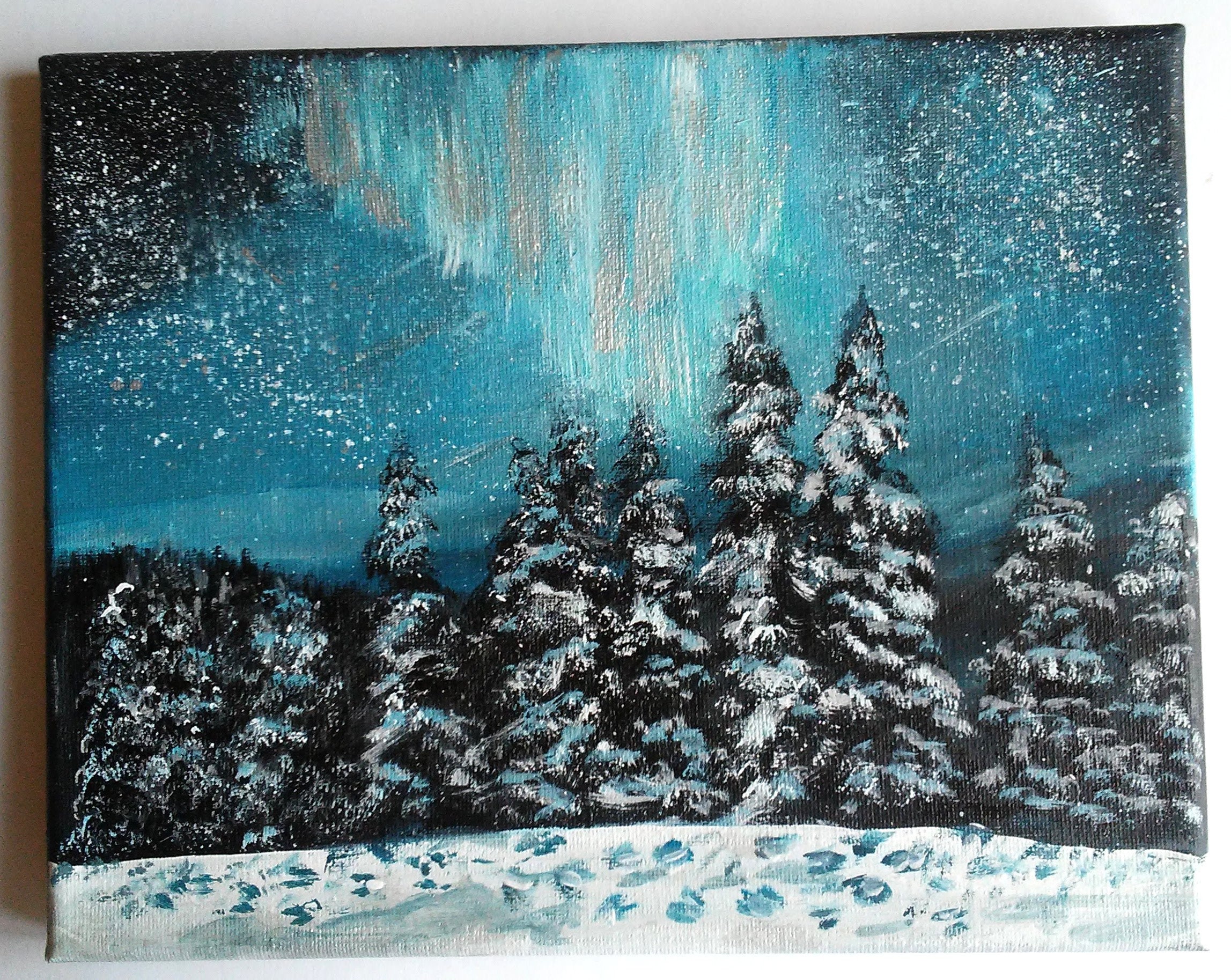 Winter Night Sky//evergreen Trees//snow Landscape Art//original