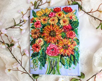 Original Sunflower Rose Bouquet Painting//Impressionist Flower Bouquet Art//Colorful Flowers Painting//9 by 12 Inch Canvas//Home Decor