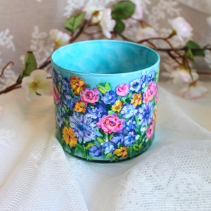 Hand-Painted Glass Candle Holder//Bright Floral Glass Design//4x5 Inch Candle Holder Decor