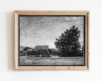 Puede incluir: Un dibujo a lápiz en blanco y negro de una granja con un gran árbol en primer plano. El dibujo está enmarcado en un marco de madera claro.