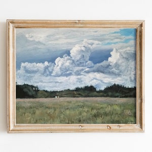 Bewölkte Wiese Gemälde Art Print, signiert - Ilwaco Flugpiste Landschaft Öl Dekor - Bewölkter Himmel feines Kunstwerk, ländliche Landschaft, Felder Wandkunst