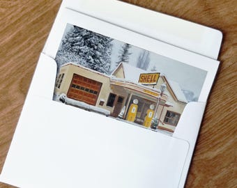 Snowy Shell Station Greeting Cards - Individual or Packs - Historic Americana Winter Landscape Art - Blank Inside