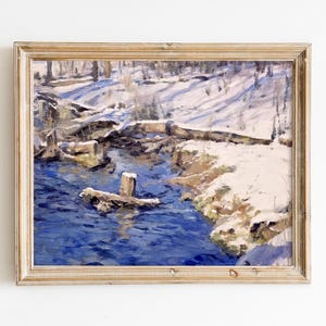 スノーウィー・クリークのプリント、サイン入り - 絵画 - 冬の川の風景（額なし）