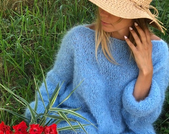 Mohair Sweater, Blue sweater, Wool sweater, Blue pullover, Handknit sweater, Knitted sweater, 100% hand made