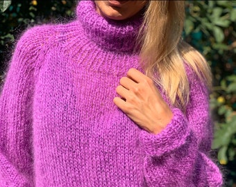 Lilac Mohair Sweater, Mohair sweater, Turtleneck sweater, Wool sweater, Lilac pullover, Handknit sweater, Knitted sweater, 100% hand made