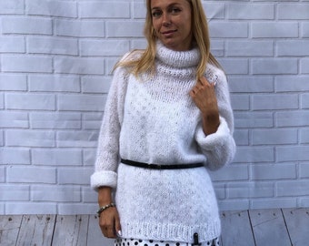 White Mohair Sweater, Mohair sweater, Turtleneck sweater, Wool sweater, White pullover, Handknit sweater, Knitted sweater, 100% hand made