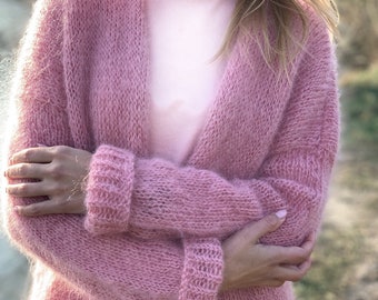 CARDIGAN Rose mohair pour femme, Cardigan long en laine, Cardigan en mohair, Cardigan épais, Manteau pour cheveux pelucheux, Cardigan ouvert sur le devant, 100 % fait main