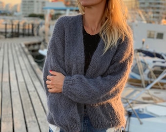 CARDIGAN Women Mohair, Grey mohair jacket, Wool cardigan, Mohair knitted cardigan, Chunky cardigan, Open front cardigan, Hand made