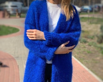 CARDIGAN Damen Mohair Blau, Lange Strickjacke aus Wolle, Mohair Strickjacke, Grobstrick-Strickjacke, Strickjacke mit offener Vorderseite, 100 % handgefertigt