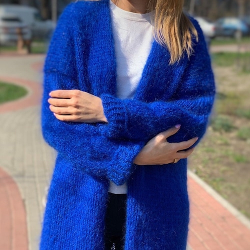 MohairSweaterShop Cardigan Women Mohair Blue, Wool Long Cardigan, Mohair Cardigan, Chunky Cardigan, Open Front Cardigan, 100% Hand Made