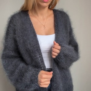 Cardigan Dark GreyWomen Mohair, Wool cardigan, Mohair knitted cardigan, Chunky cardigan, Open front cardigan, Hand Made image 1