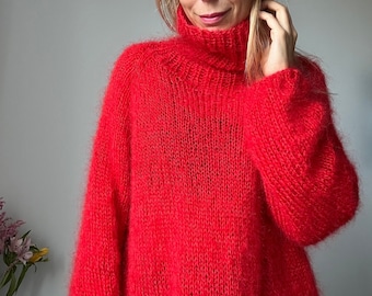 Mohair Sweater, Red Mohair sweater, Turtleneck sweater, Wool sweater, Red pullover, Handknit sweater, Knitted sweater, 100% hand made