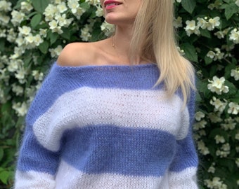 Mohair Sweater, Colorful mohair sweater, striped sweater, pullover, Handknit sweater, Knitted sweater, 100% hand made