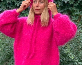 Pink Mohair Hoodie, Pink hood sweater, Wool sweater, Pink pullover, Handknit sweater, Knitted sweater, 100% hand made