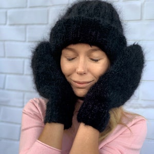 Conjunto CHAPÉU e LUVAS, Chapéu Feminino, Gorro Tricotado à Mão, Luvas Fofas Quentes, 100% feito à mão
