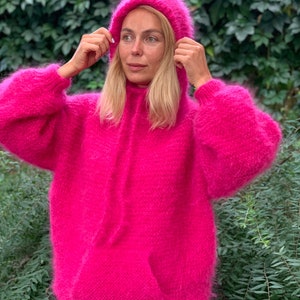 Pink Mohair Hoodie, Pink hood sweater, Wool sweater, Pink pullover, Handknit sweater, Knitted sweater, 100% hand made