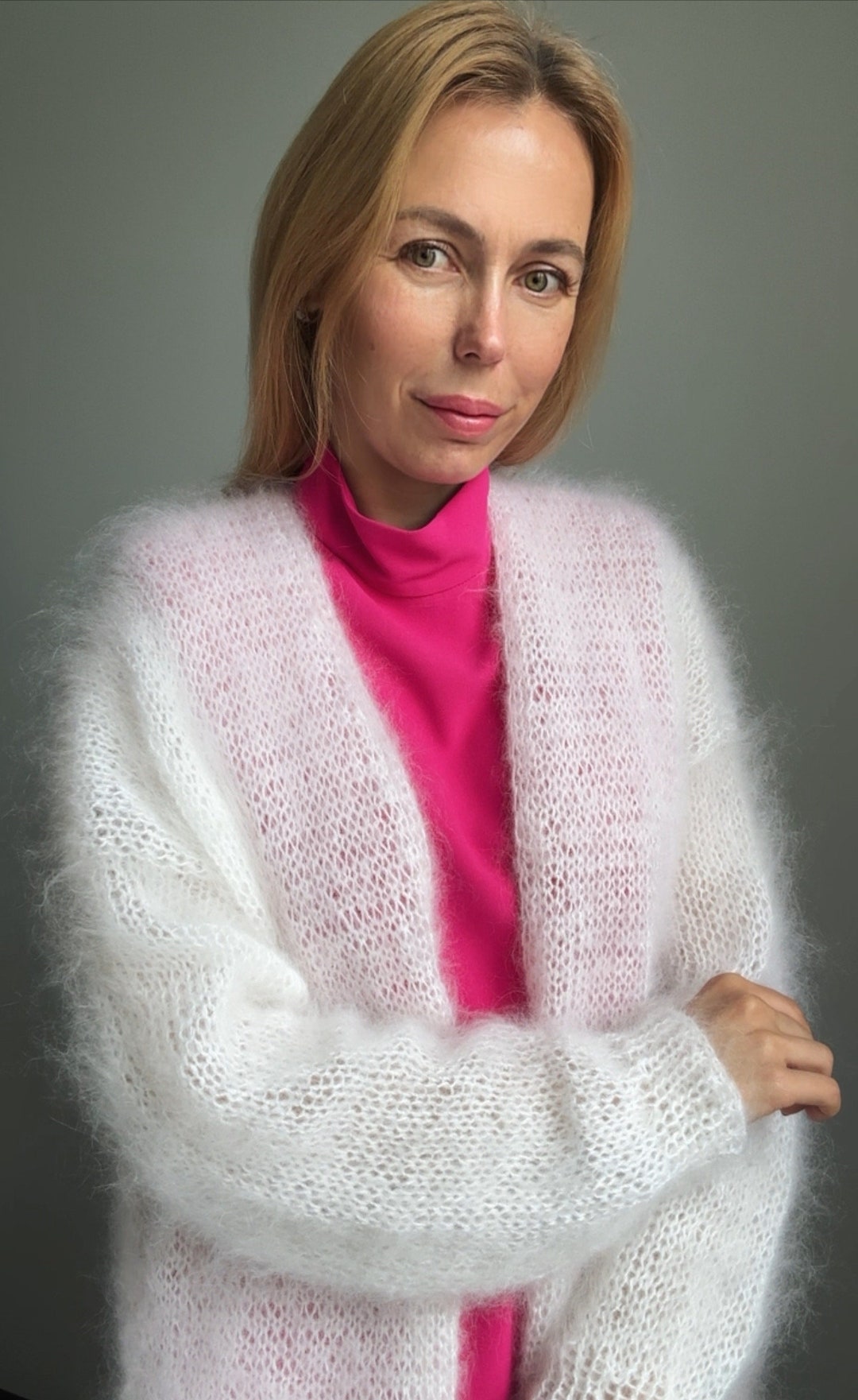 CARDIGAN White Women Mohair, Wool Long Cardigan, Mohair Cardigan