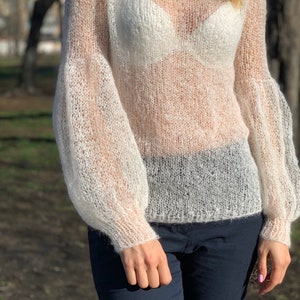 White Mohair Sweater, READY TO SHIP, Mohair sweater, Wool sweater, white pullover, Handknit sweater, Knitted sweater, 100% hand made image 2