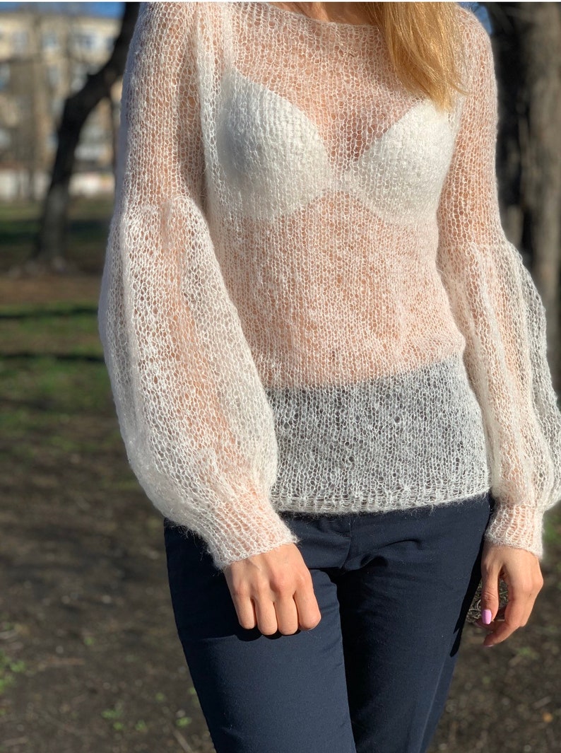 White Mohair Sweater, READY TO SHIP, Mohair sweater, Wool sweater, white pullover, Handknit sweater, Knitted sweater, 100% hand made image 2