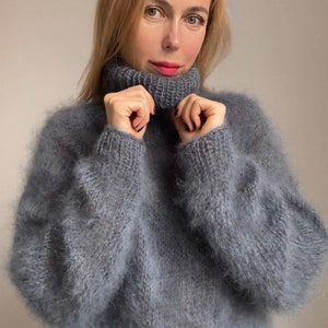 Mohair Sweater, Grey Mohair sweater, Turtleneck sweater, Wool sweater, Grey pullover, Handknit sweater, Knitted sweater, 100% hand made