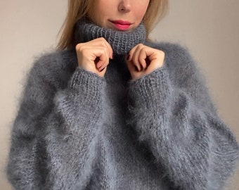 Mohair Sweater, Grey Mohair sweater, Turtleneck sweater, Wool sweater, Grey pullover, Handknit sweater, Knitted sweater, 100% hand made