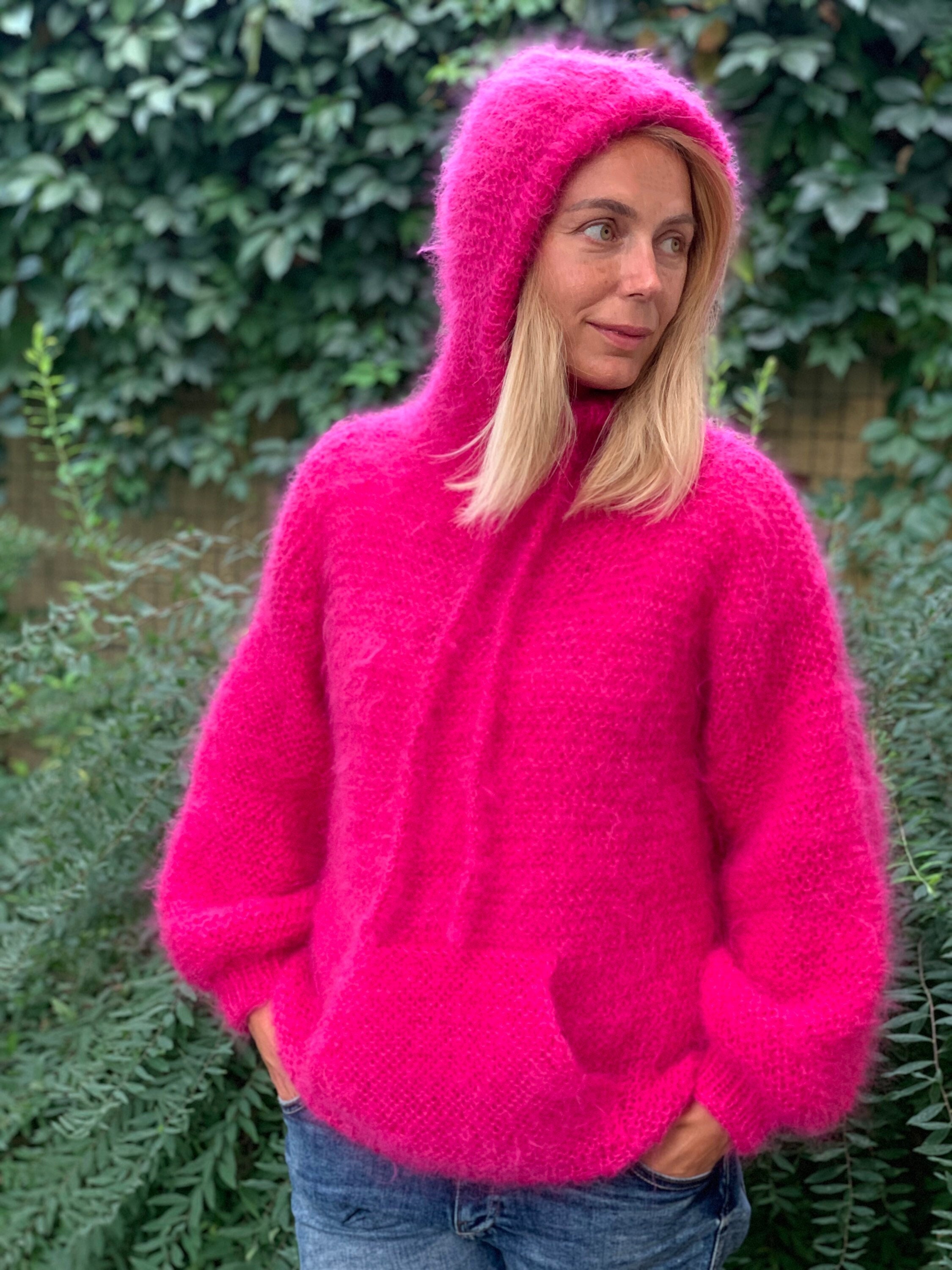 Pink Mohair Hoodie Pink Hood Sweater Wool Sweater Pink Pullover Handknit Sweater Knitted Sweater 100 Hand Made Etsy