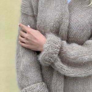 CARDIGAN Frauen Mohair Beige, Wolle lange Strickjacke, Mohair-Strickjacke, Chunky Cardigan, Offene Front-Strickjacke, 100% handgefertigt