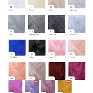 May include: A colour chart of yarn samples in various colours, including blue, grey, green, pink, red, and orange. The chart is organised in a grid with each colour labelled with a number.