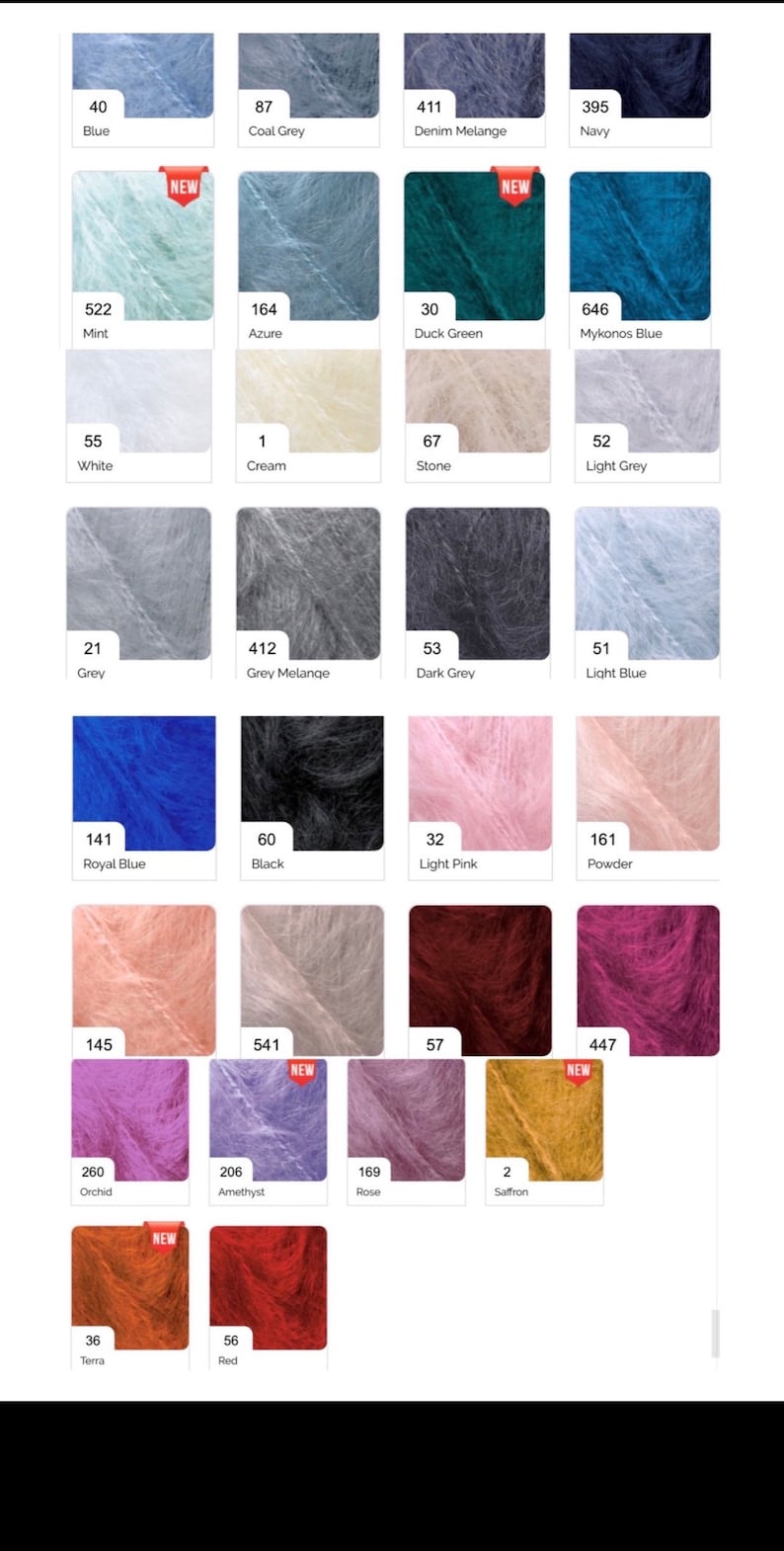 May include: A colour chart of yarn samples in various colours, including blue, grey, green, pink, red, and orange. The chart is organised in a grid with each colour labelled with a number.