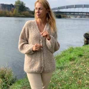 Alpaka-Strickjacke, Beige Alpaka-Strickjacke Superweiche Frauen Alpaka, Wolle lange Strickjacke, Chunky-Strickjacke, Offene Front-Strickjacke, 100% handgefertigt Bild 7