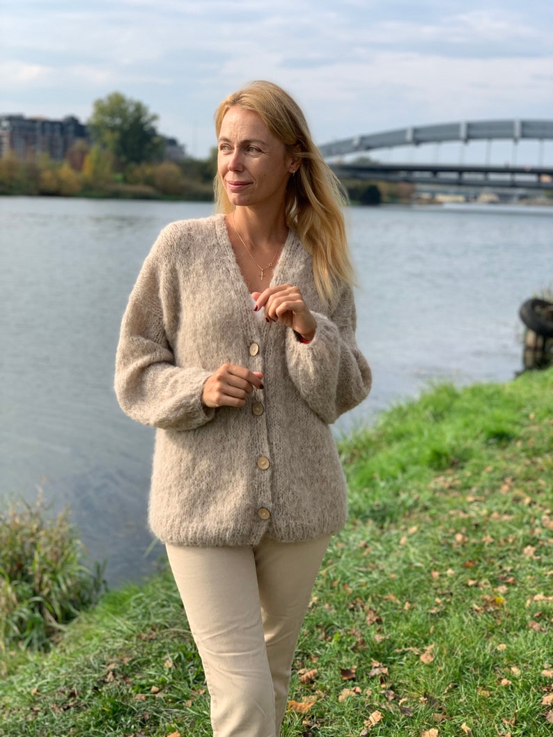 Alpaka-Strickjacke, Beige Alpaka-Strickjacke Superweiche Frauen Alpaka, Wolle lange Strickjacke, Chunky-Strickjacke, Offene Front-Strickjacke, 100% handgefertigt Bild 7