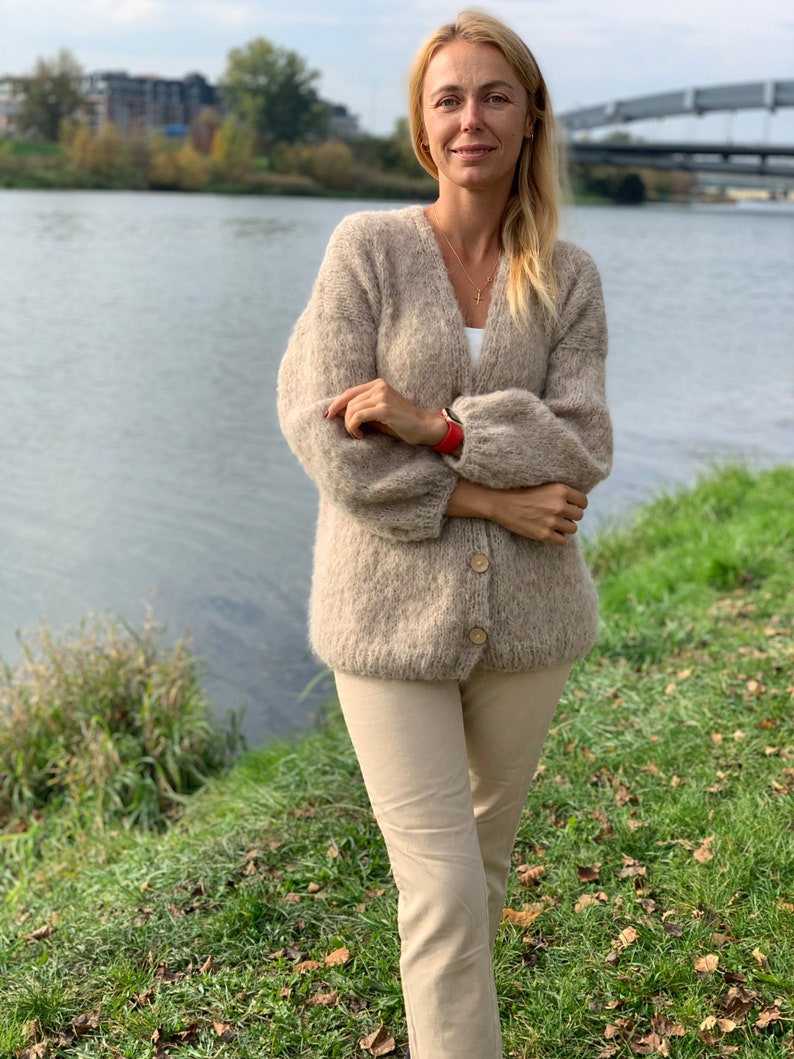 Alpaka-Strickjacke, Beige Alpaka-Strickjacke Superweiche Frauen Alpaka, Wolle lange Strickjacke, Chunky-Strickjacke, Offene Front-Strickjacke, 100% handgefertigt Bild 2