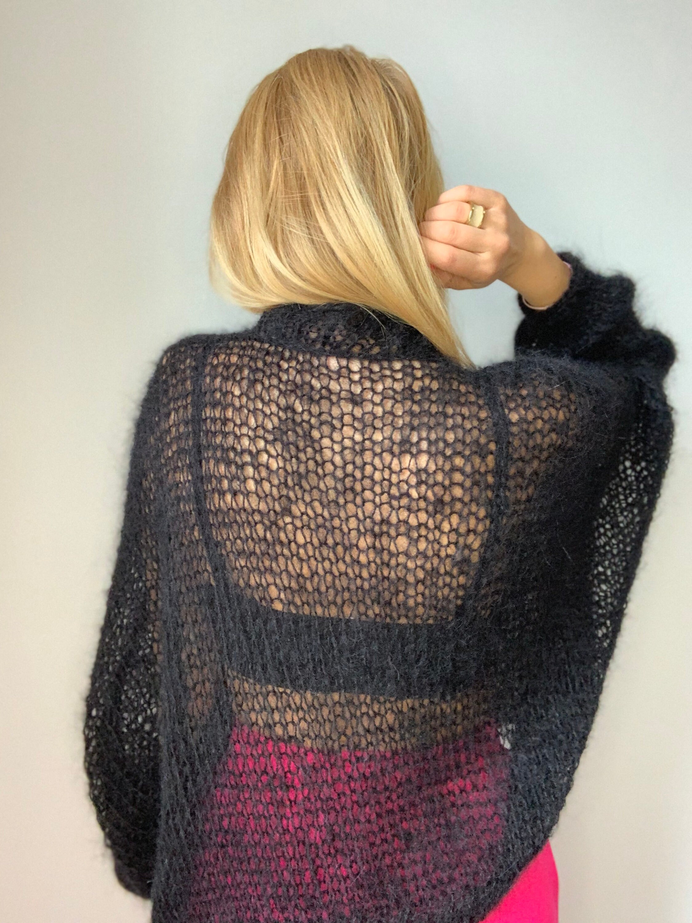 Black Cardigan Women Mohair, Wool Black Cardigan, Mohair Knitted