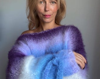 Sweter z moheru z wiązaniem, gruby sweter z moheru, sweter z wełny szydełkowanej, sweter z moheru, sweter robiony na drutach, sweter robiony na drutach, 100% ręcznie robiony