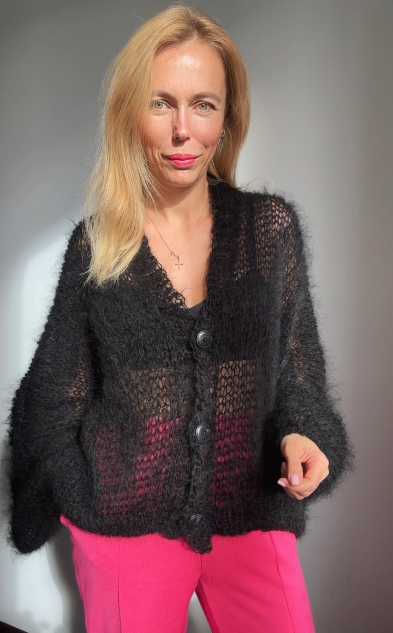 Black Cardigan Women Mohair, Wool Black Cardigan, Mohair Knitted